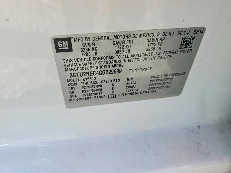 Aukcja sprzedaży 2016 Gmc Sierra, vin: 3GTU2NEC4GG229699, numer aukcji: 64082116