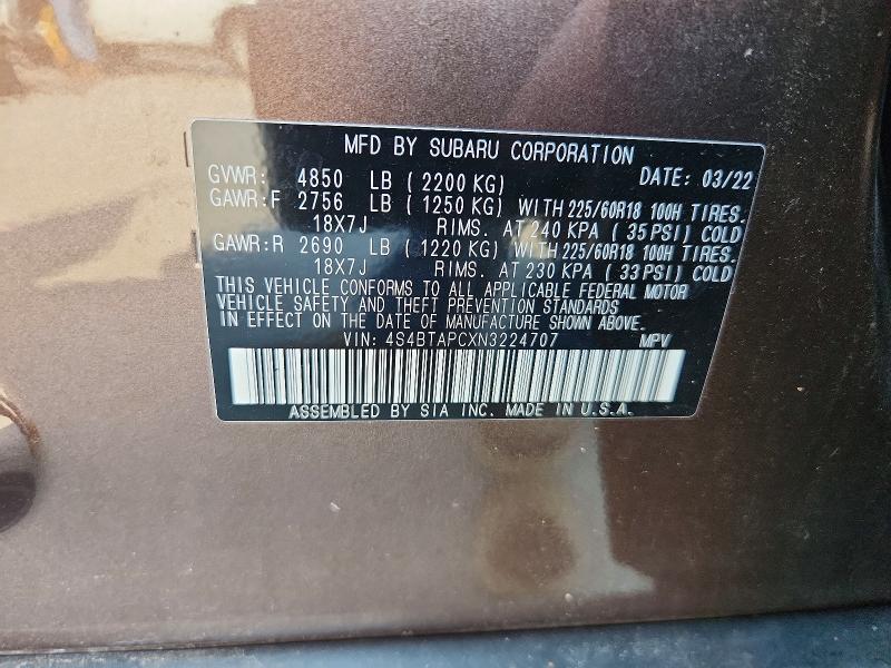 Продаж на аукціоні авто 2022 Subaru Outback, vin: 4S4BTAPCXN3224707, номер лоту: 64437016