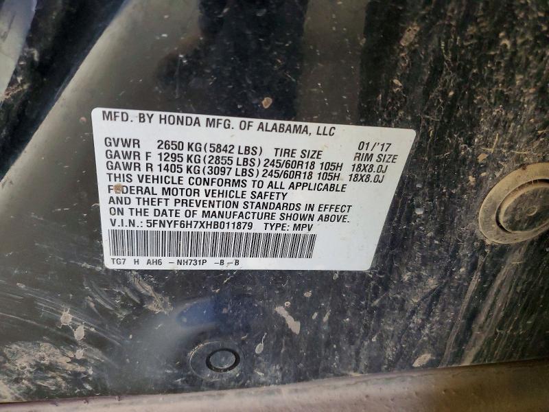 63423176 :رقم المزاد ، 5FNYF6H7XHB011879 vin ، 2017 Honda Pilot مزاد بيع
