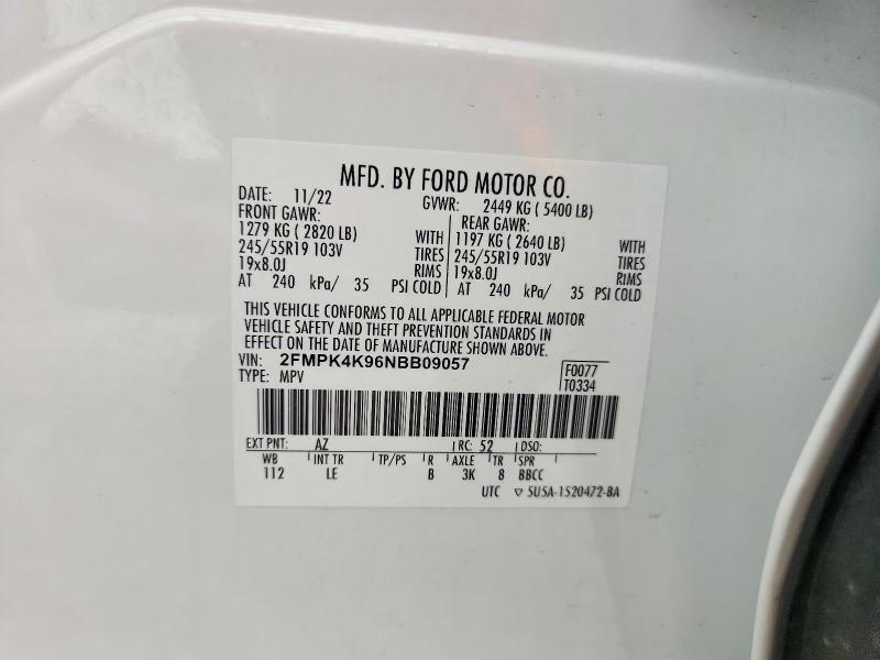 66058236 :رقم المزاد ، 2FMPK4K96NBB09057 vin ، 2022 Ford Edge مزاد بيع