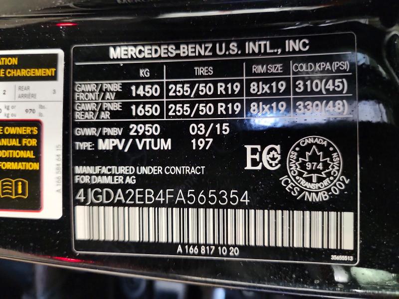 2015 Mercedes-benz Ml მანქანა იყიდება აუქციონზე, vin: 4JGDA2EB4FA565354, აუქციონის ნომერი: 66235826