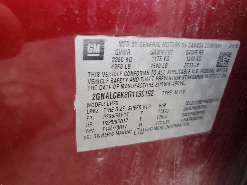 62517926 :رقم المزاد ، 2GNALCEK8G1150192 vin ، 2016 Chevrolet Equinox مزاد بيع