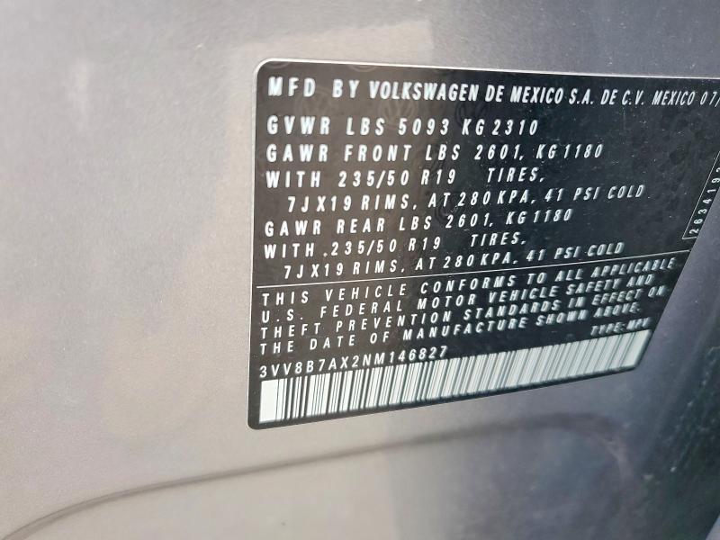 2022 Volkswagen Tiguan მანქანა იყიდება აუქციონზე, vin: 3VV8B7AX2NM146827, აუქციონის ნომერი: 66970186