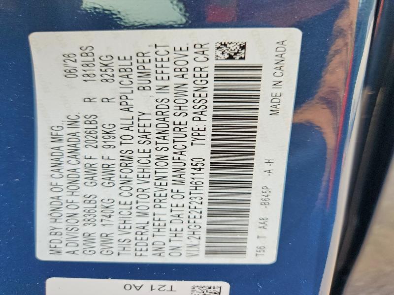 Продаж на аукціоні авто 2026 Honda Civic, vin: 2HGFE2F23TH611450, номер лоту: 64504276