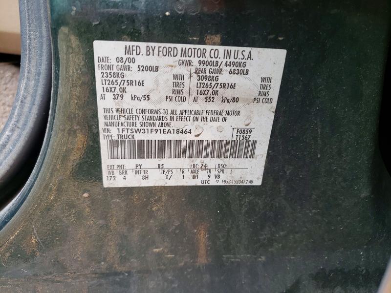 2001 Ford F350 მანქანა იყიდება აუქციონზე, vin: 1FTSW31F91EA18464, აუქციონის ნომერი: 63879836