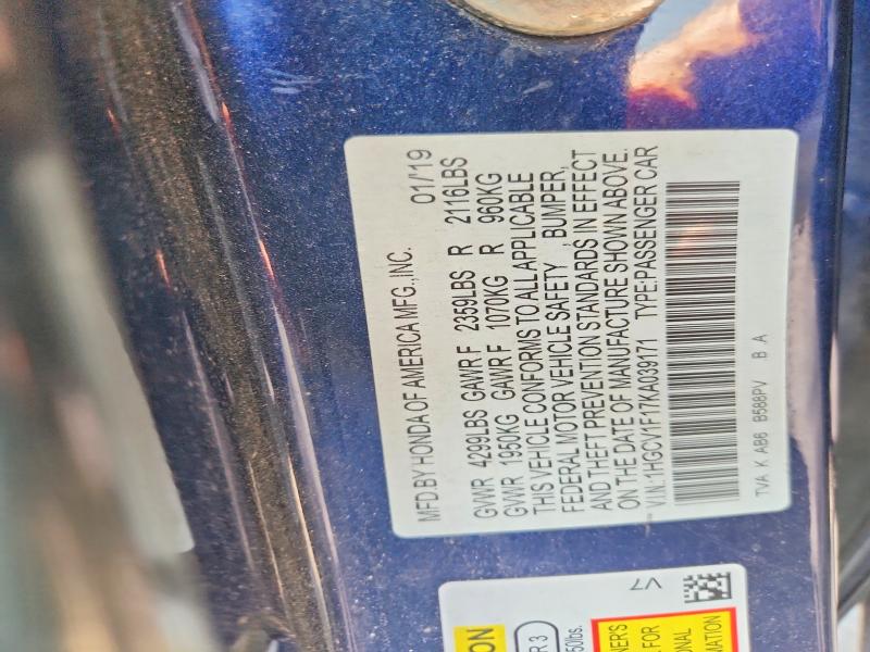 Продаж на аукціоні авто 2019 Honda Accord, vin: 1HGCV1F17KA039171, номер лоту: 63008636