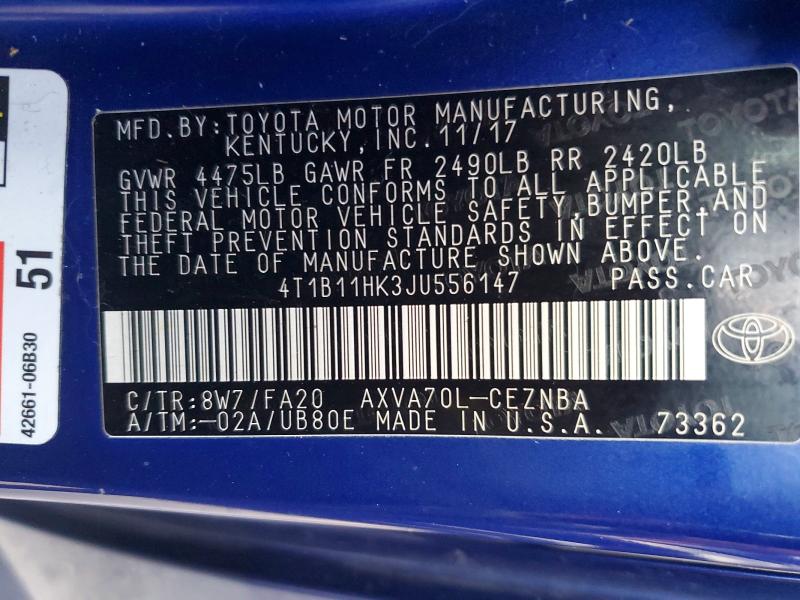 2018 Toyota Camry მანქანა იყიდება აუქციონზე, vin: 4T1B11HK3JU556147, აუქციონის ნომერი: 65842276