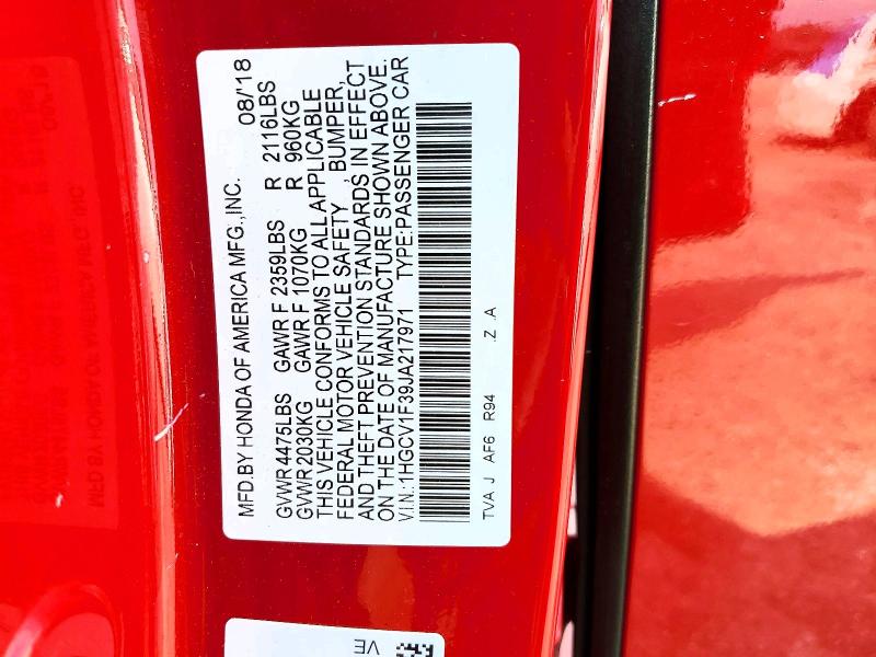 Продажа на аукционе авто 2018 Honda Accord, vin: 1HGCV1F39JA217971, номер лота: 65681826