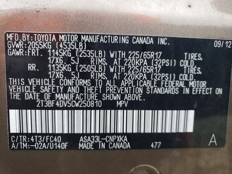Aukcja sprzedaży 2012 Toyota Rav4, vin: 2T3BF4DV5CW250810, numer aukcji: 64983336