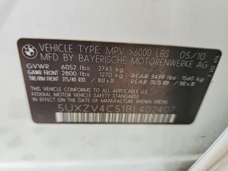 63408906 :رقم المزاد ، 5UXZV4C51BL402407 vin ، 2011 Bmw X5 مزاد بيع