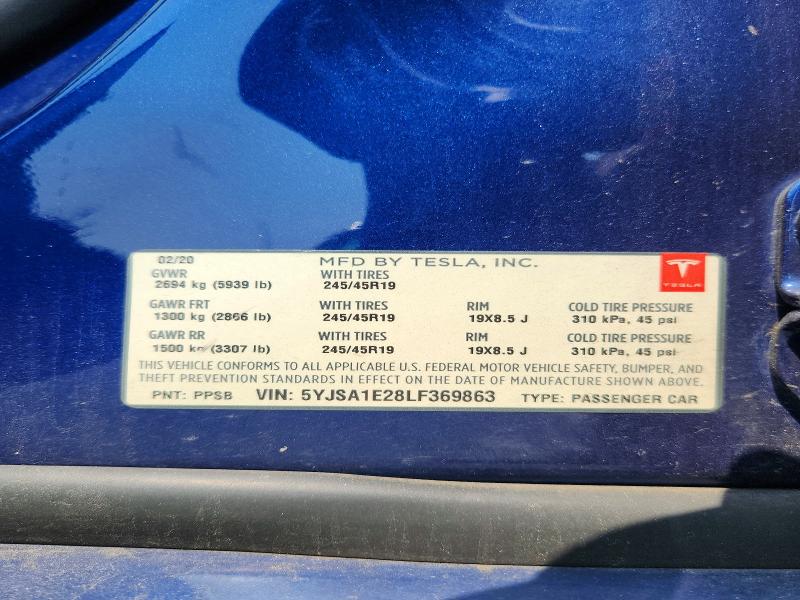 64539106 :رقم المزاد ، 5YJSA1E28LF369863 vin ، 2020 Tesla Model S مزاد بيع