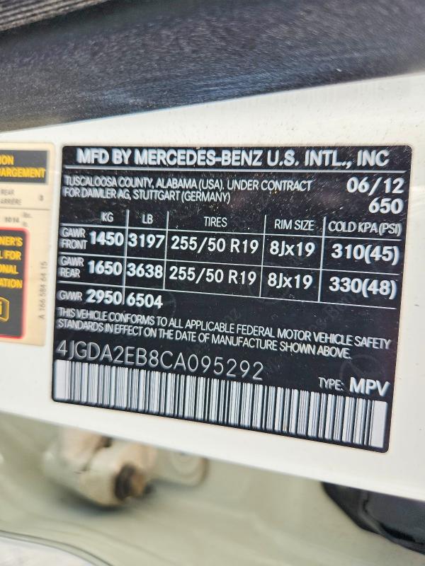2012 Mercedes-benz Ml მანქანა იყიდება აუქციონზე, vin: 4JGDA2EB8CA095292, აუქციონის ნომერი: 65276256