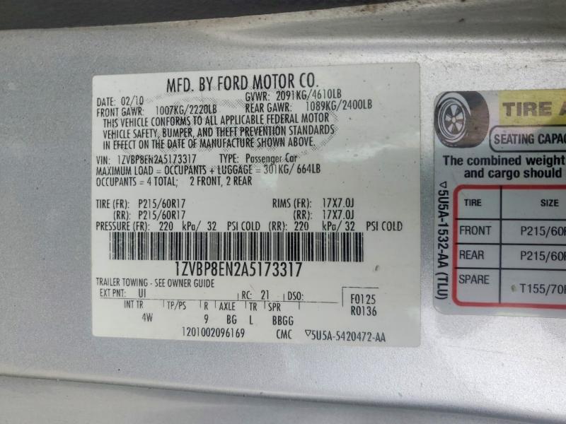 65310786 :رقم المزاد ، 1ZVBP8EN2A5173317 vin ، 2010 Ford Mustang مزاد بيع