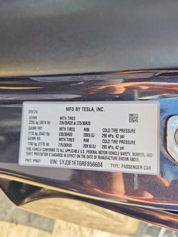 Продаж на аукціоні авто 2024 Tesla Model 3, vin: 5YJ3E1ET6RF856604, номер лоту: 66408606