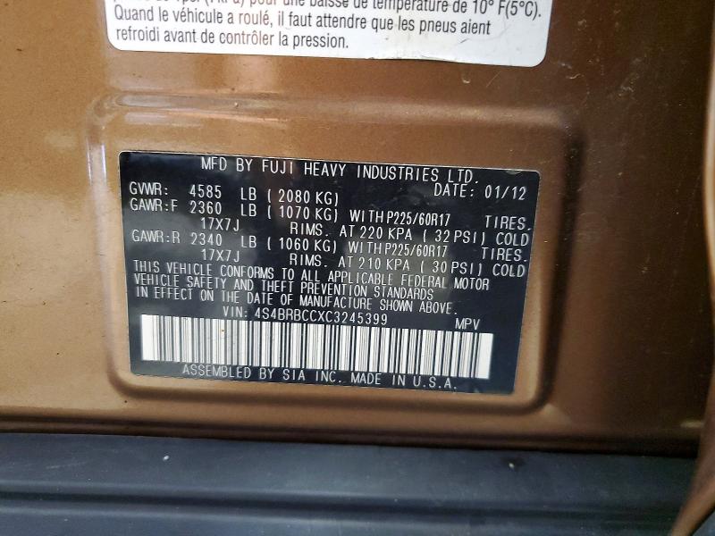 Продажа на аукционе авто 2012 Subaru Outback, vin: 4S4BRBCCXC3245399, номер лота: 63315726