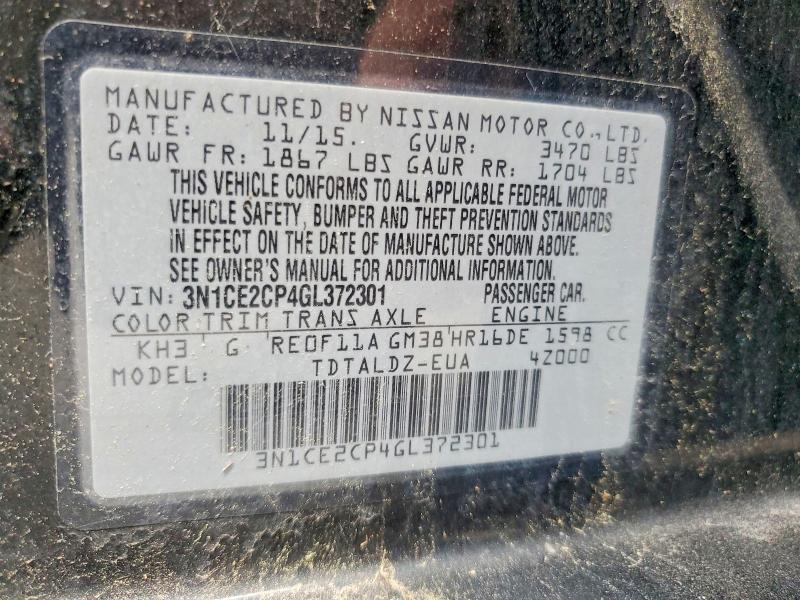 2016 Nissan Versa Note მანქანა იყიდება აუქციონზე, vin: 3N1CE2CP4GL372301, აუქციონის ნომერი: 63601286