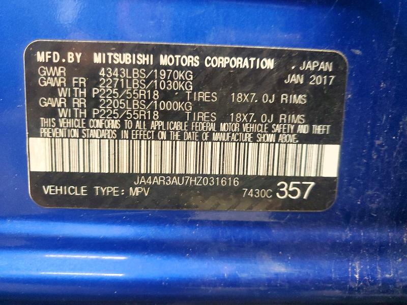 2017 Mitsubishi Outlander Sport მანქანა იყიდება აუქციონზე, vin: JA4AR3AU7HZ031616, აუქციონის ნომერი: 64310156
