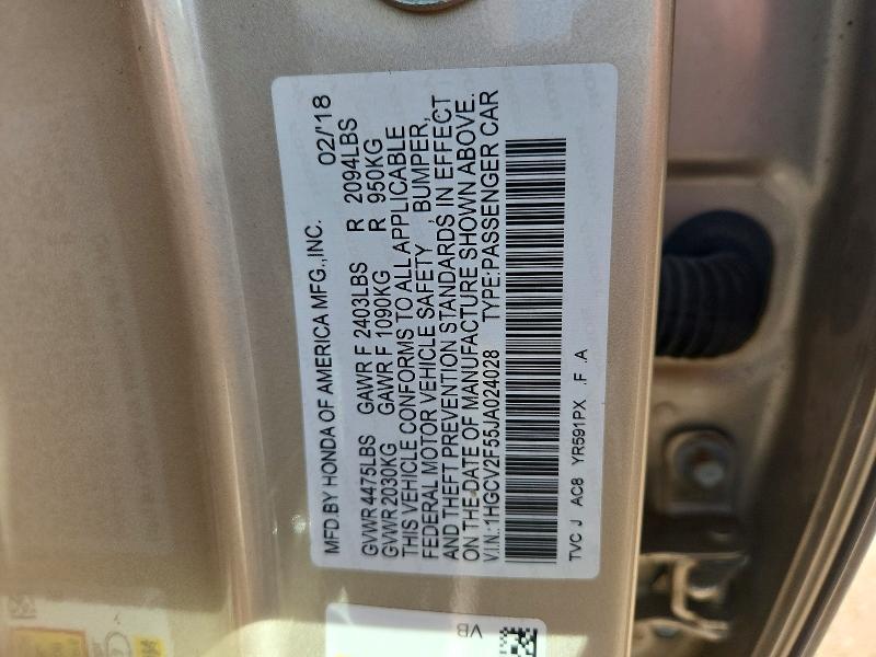 2018 Honda Accord მანქანა იყიდება აუქციონზე, vin: 1HGCV2F55JA024028, აუქციონის ნომერი: 66046326