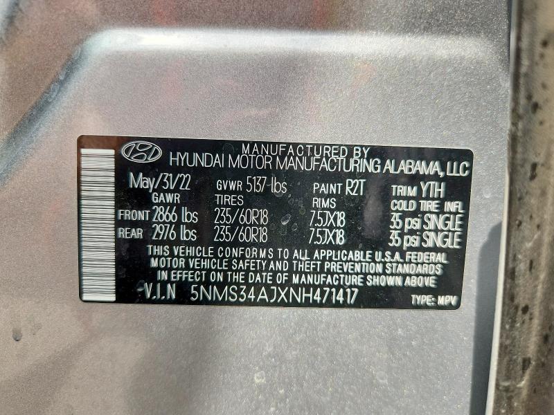 65597646 :رقم المزاد ، 5NMS34AJXNH471417 vin ، 2022 Hyundai Santa Fe مزاد بيع