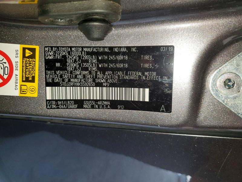 Продаж на аукціоні авто 2019 Toyota Highlander, vin: 5TDJZRFHXKS592650, номер лоту: 63300996