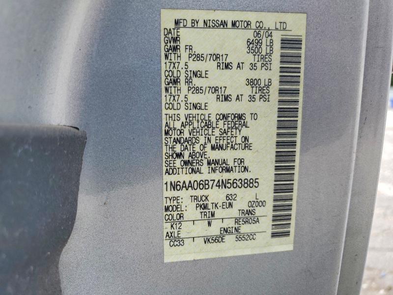 Продаж на аукціоні авто 2004 Nissan Titan, vin: 1N6AA06B74N563885, номер лоту: 63584266