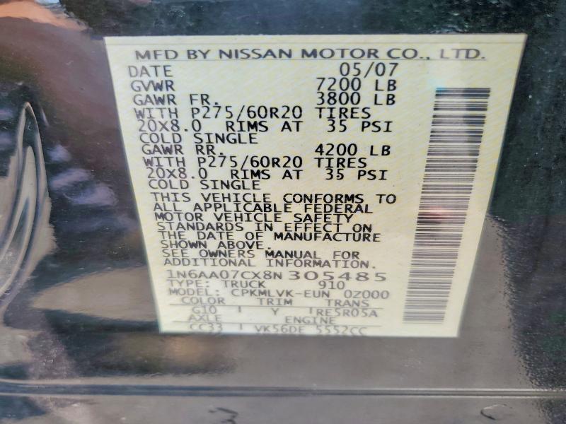 Продажа на аукционе авто 2008 Nissan Titan, vin: 1N6AA07CX8N305485, номер лота: 64587776