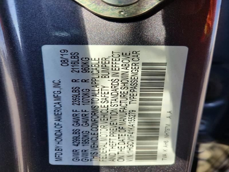 67224096 :رقم المزاد ، 1HGCV1F41KA155279 vin ، 2019 Honda Accord مزاد بيع