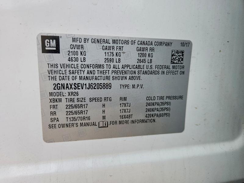Aukcja sprzedaży 2018 Chevrolet Equinox, vin: 2GNAXSEV1J6205889, numer aukcji: 64562726