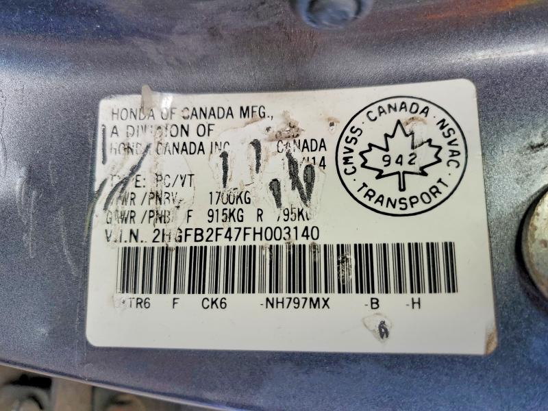 64025406 :رقم المزاد ، 2HGFB2F47FH003140 vin ، 2015 Honda Civic مزاد بيع