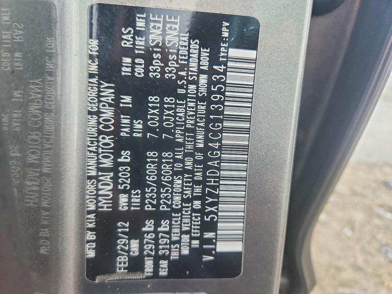 Aukcja sprzedaży 2012 Hyundai Santa Fe, vin: 5XYZHDAG4CG139534, numer aukcji: 63755356