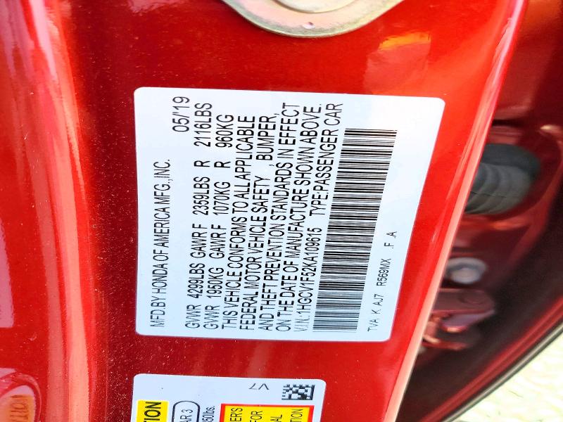 2019 Honda Accord მანქანა იყიდება აუქციონზე, vin: 1HGCV1F52KA109615, აუქციონის ნომერი: 65406986