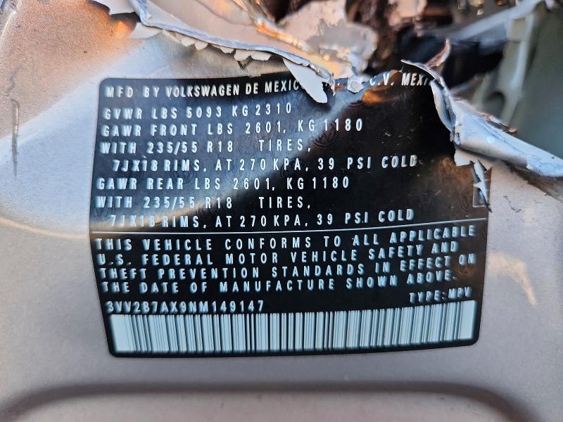 2022 Volkswagen Tiguan მანქანა იყიდება აუქციონზე, vin: 3VV2B7AX9NM149147, აუქციონის ნომერი: 65854016