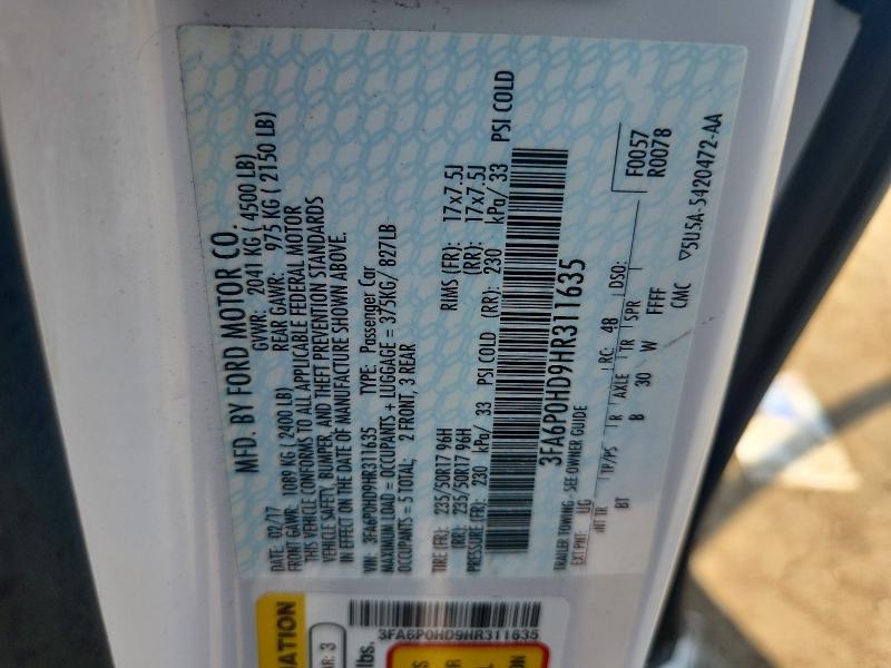Aukcja sprzedaży 2017 Ford Fusion, vin: 3FA6P0HD9HR311635, numer aukcji: 65795446