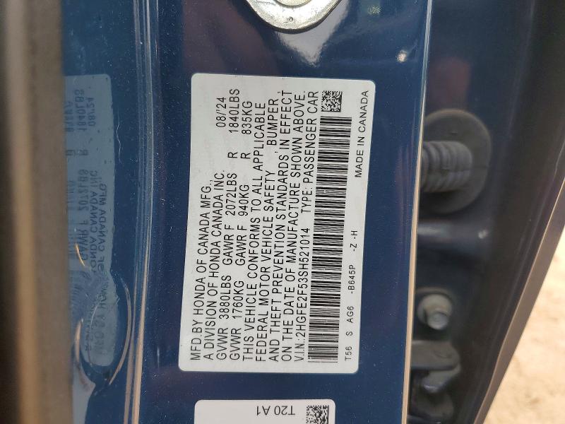 2025 Honda Civic მანქანა იყიდება აუქციონზე, vin: 2HGFE2F53SH521014, აუქციონის ნომერი: 67021756