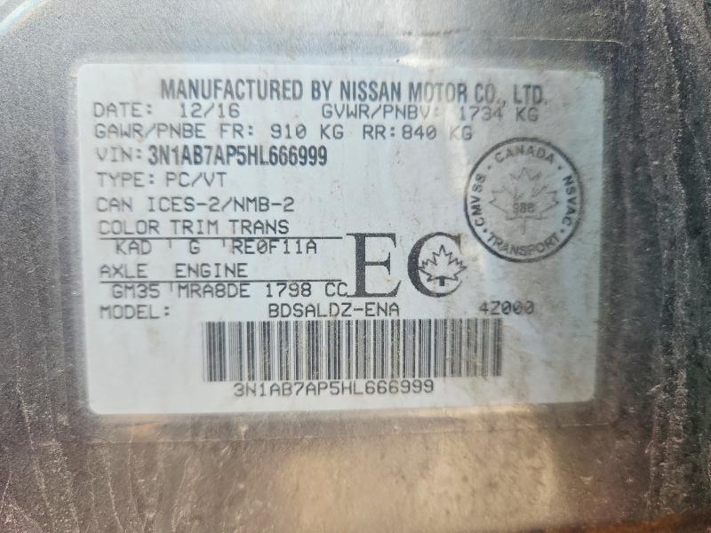 2017 Nissan Sentra მანქანა იყიდება აუქციონზე, vin: 3N1AB7AP5HL666999, აუქციონის ნომერი: 65566396