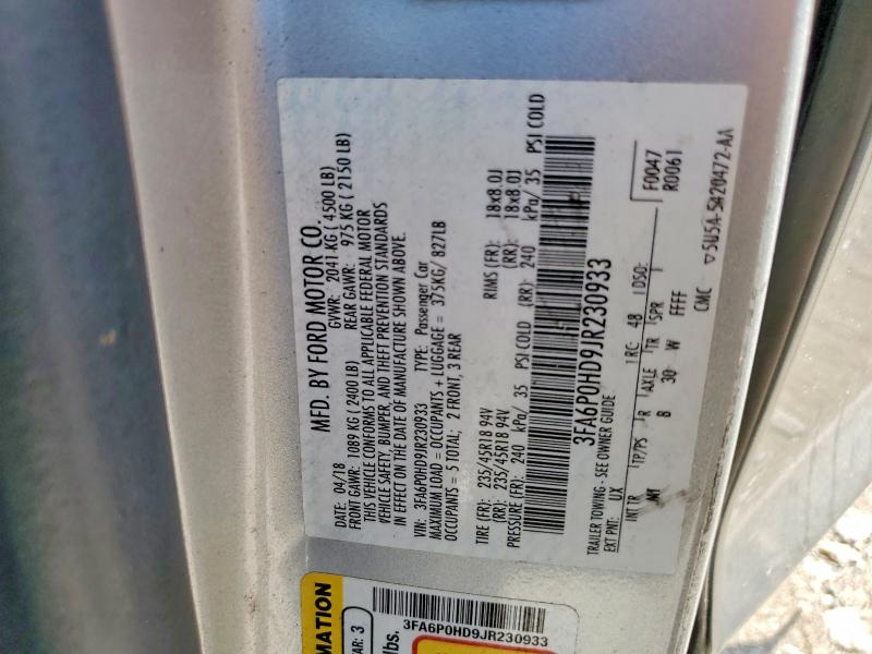 Продаж на аукціоні авто 2018 Ford Fusion, vin: 3FA6P0HD9JR230933, номер лоту: 67018186