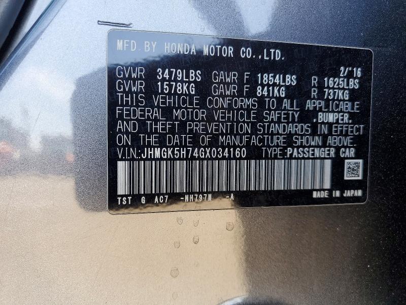 Aukcja sprzedaży 2016 Honda Fit, vin: JHMGK5H74GX034160, numer aukcji: 65666986