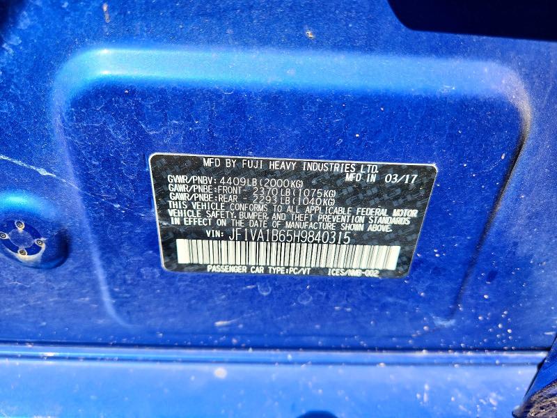 2017 Subaru Wrx მანქანა იყიდება აუქციონზე, vin: JF1VA1B65H9840315, აუქციონის ნომერი: 65084206