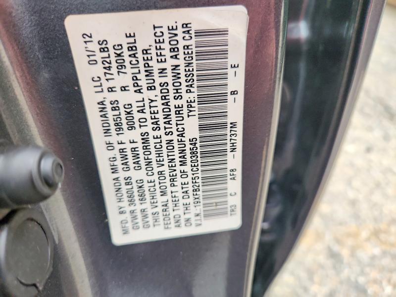 66526326 :رقم المزاد ، 19XFB2F51CE038545 vin ، 2012 Honda Civic مزاد بيع