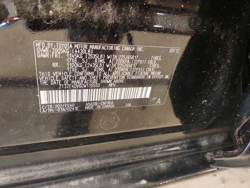 Aukcja sprzedaży 2012 Toyota Rav4, vin: 2T3ZF4DV6CW116550, numer aukcji: 64857596