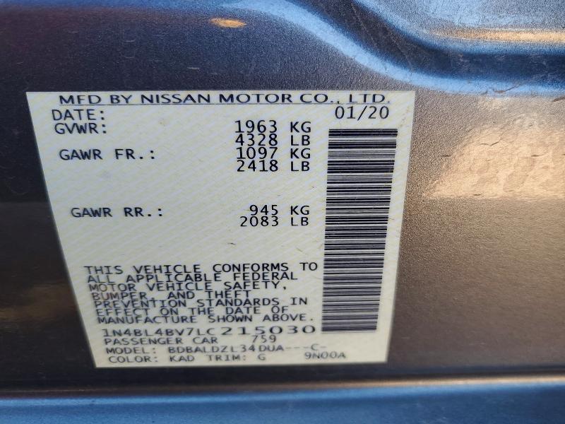 2020 Nissan Altima მანქანა იყიდება აუქციონზე, vin: 1N4BL4BV7LC215030, აუქციონის ნომერი: 65482996