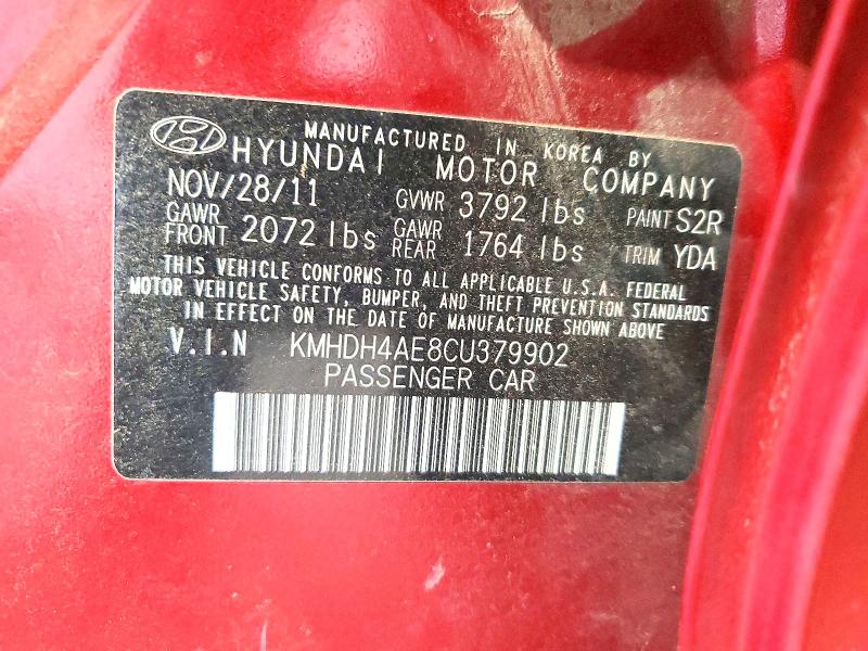 2012 Hyundai Elantra მანქანა იყიდება აუქციონზე, vin: KMHDH4AE8CU379902, აუქციონის ნომერი: 63713176