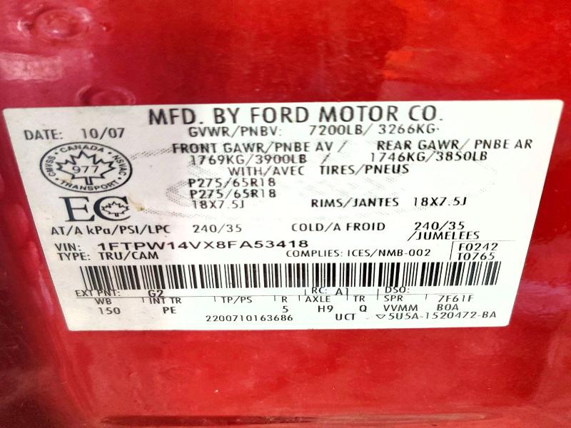 Продаж на аукціоні авто 2008 Ford F150, vin: 1FTPW14VX8FA53418, номер лоту: 63016906