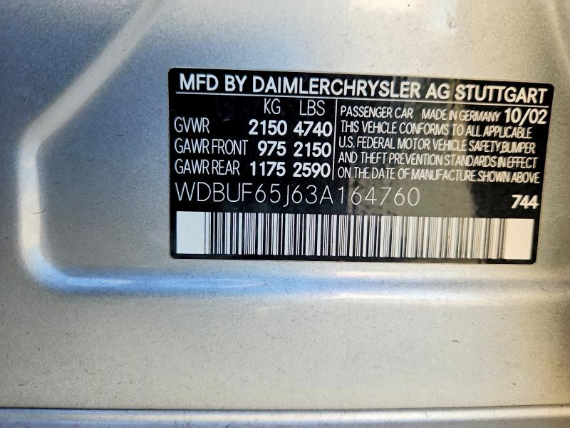 2003 Mercedes-benz E მანქანა იყიდება აუქციონზე, vin: WDBUF65J63A164760, აუქციონის ნომერი: 66705156