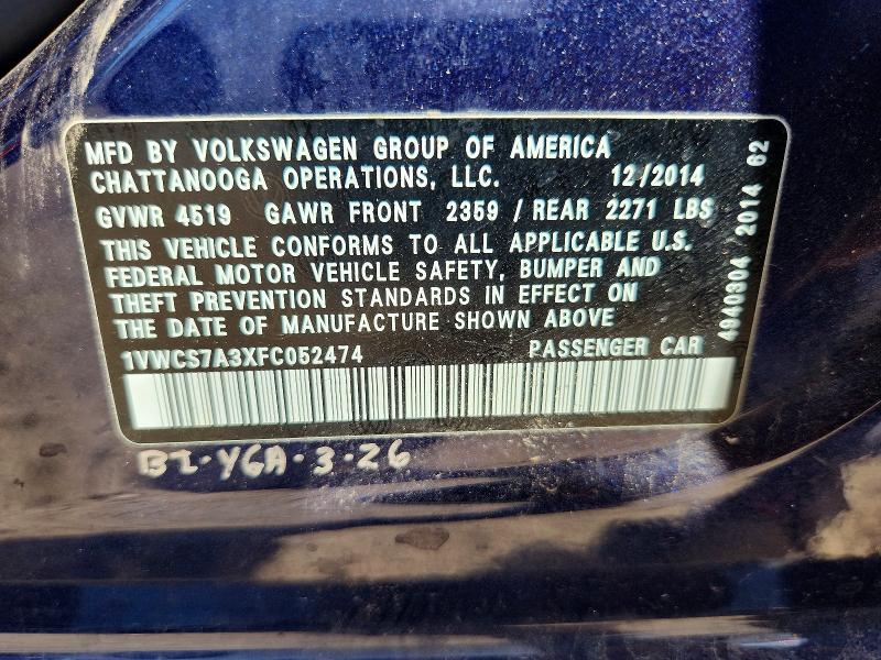 Продаж на аукціоні авто 2015 Volkswagen Passat, vin: 1VWCS7A3XFC052474, номер лоту: 66535486