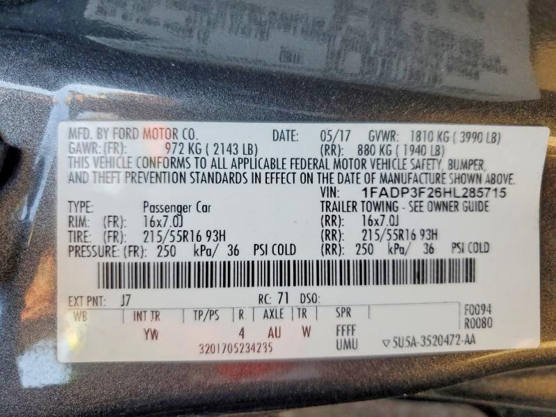 2017 Ford Focus მანქანა იყიდება აუქციონზე, vin: 1FADP3F26HL285715, აუქციონის ნომერი: 65943476