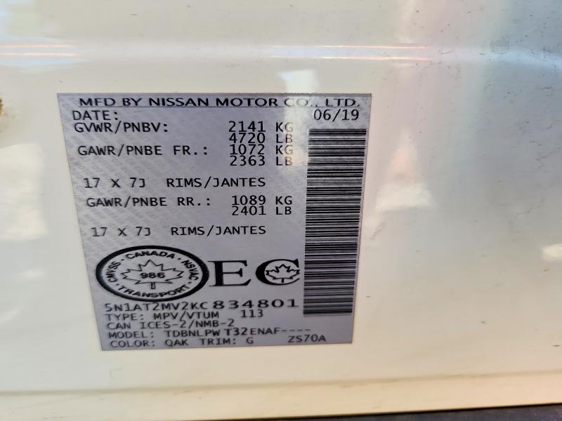 66034246 :رقم المزاد ، 5N1AT2MV2KC834801 vin ، 2019 Nissan Rogue مزاد بيع