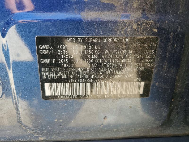 2019 Subaru Outback მანქანა იყიდება აუქციონზე, vin: 4S4BSANC9K3357766, აუქციონის ნომერი: 65206916