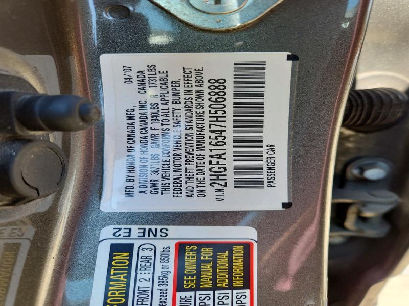 Aukcja sprzedaży 2007 Honda Civic, vin: 2HGFA16547H506888, numer aukcji: 63843056