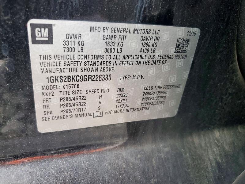 66226296 :رقم المزاد ، 1GKS2BKC9GR226330 vin ، 2016 Gmc Yukon مزاد بيع